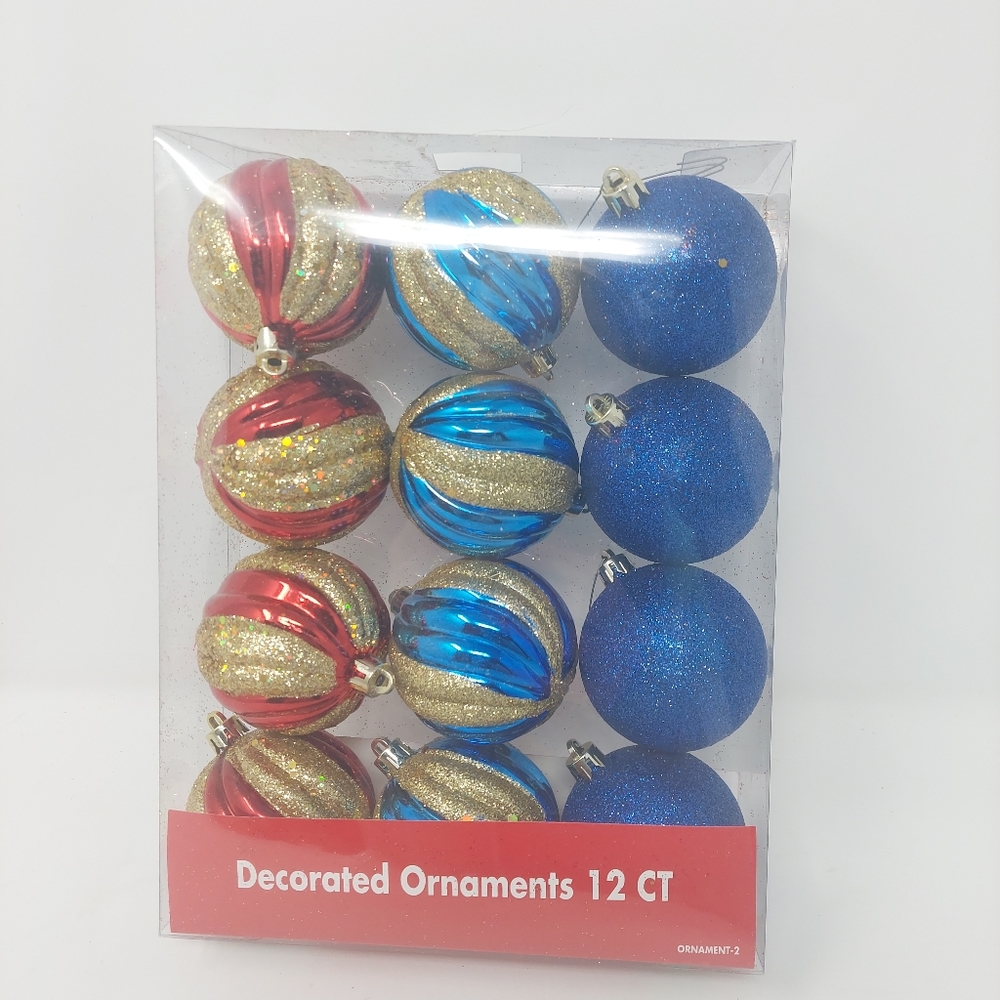 Christmas Ornaments Lot Of 12 Blue Red Gold Glitter Hanging Decorations